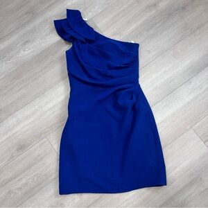 Shoshanna Stacie one shoulder ruffle cinched dress blue size 2